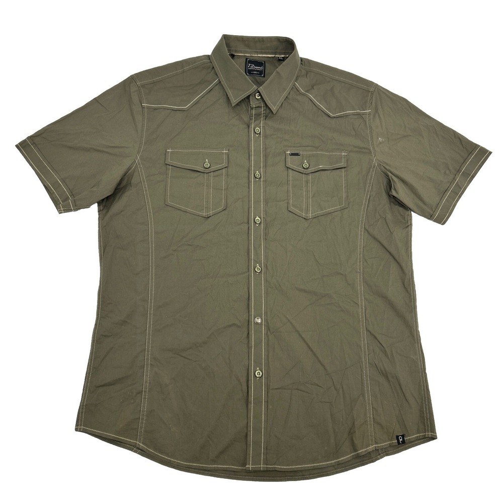 7 Diamonds Shirt Womens XL Olive Green Short Sleeve Button Up Contrast Stitching